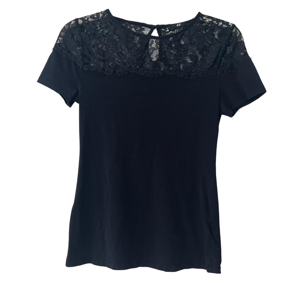 H&M Black Short Sleeve‎ Lace Top Keyhole Back Small